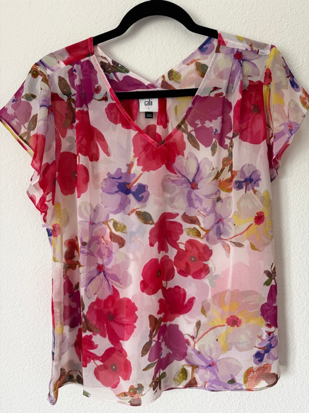 CAbi Pink Floral V-Neck Sheer Top